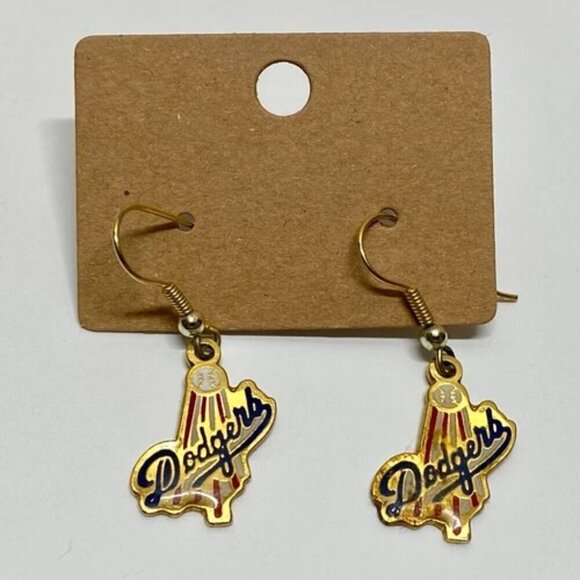LA Dodgers Baseball Earrings Vintage Official MLB 1989 Gold Dangle Hook Pierced - Picture 15 of 15